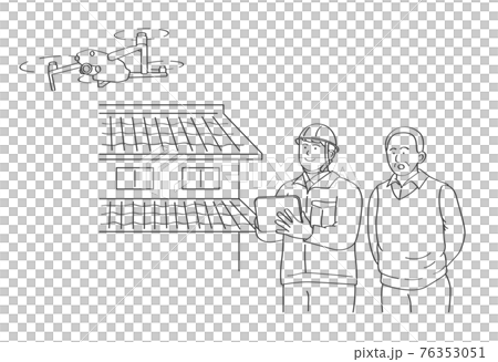 ドローンを操作する作業員と見守る老人 76353051