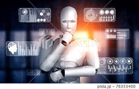 Thinking AI humanoid robot analyzing hologram screen showing concept big data 76353400