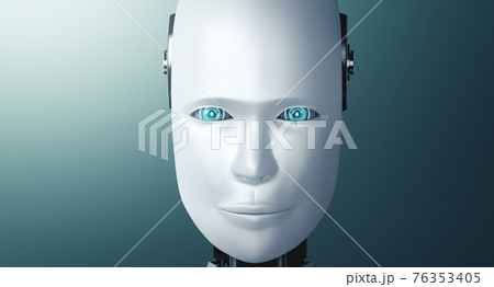Robot humanoid face and eyes close up view 3D rendering 76353405