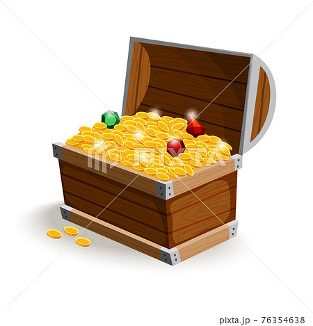 Treasure chest isometric cartoon. Wooden open box full of gold coins and jewels. Precious treasures, crystals, gems and golden coins in pirate chest. Illusration for game user interface 76354638