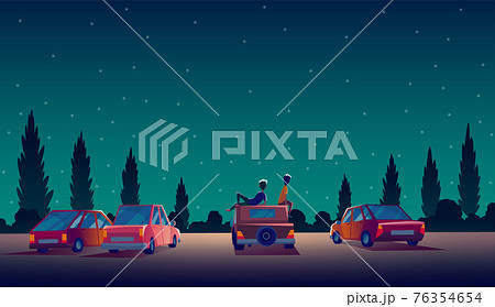 Car street cinema. Drive-in theater with automobiles stand in open air parking at night. Cinema night vector banner in cartoon style. Audience on open air parking in darkness 76354654