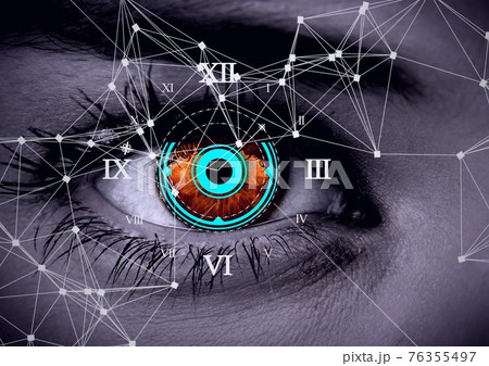 Round scanner and network of connections against close up of female human eye 76355497