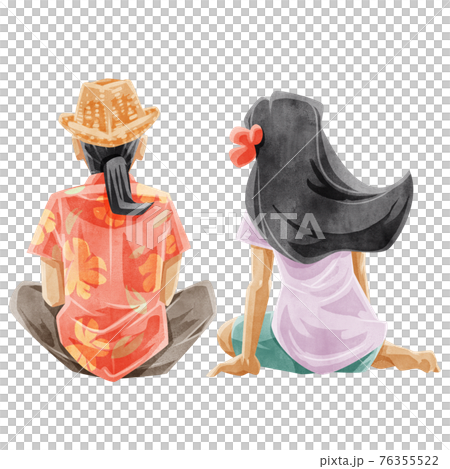 南国にいる男女の後ろ姿手描き水彩風イラスト 76355522