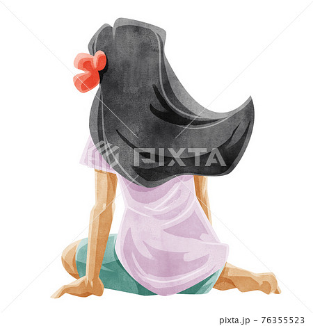 黒髪の女性の後ろ姿手書き水彩風イラストのイラスト素材
