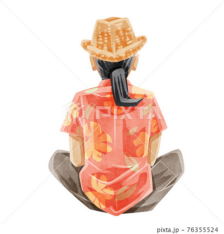 パナマ帽子を被った男性の後ろ姿手書き水彩風イラストのイラスト素材