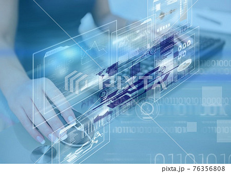 Interface showing information and statistics with hands of woman using computer mouse and keyboard Interface showing information and statistics with hands of woman using computer mouse and keyboard 76356808