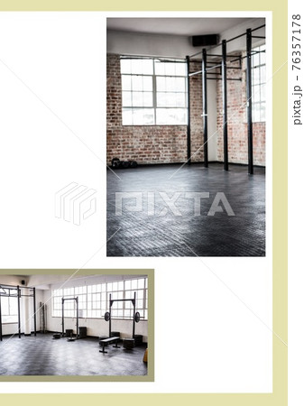 Two photos of empty gym with white copy space and light green edge Two photos of empty gym with white copy space and light green edge 76357178