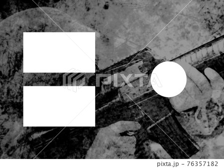 Two white rectangles and circle with copy space over black and white photo of shooting soldier Two white rectangles and circle with copy space over black and white photo of shooting soldier 76357182