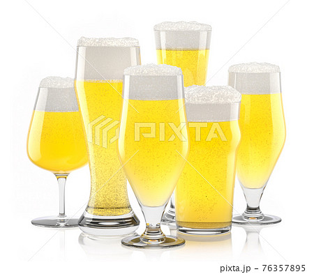 Set of fresh light beer glasses with bubble froth isolated on white background. Set of fresh light beer glasses with bubble froth isolated on white background. 76357895