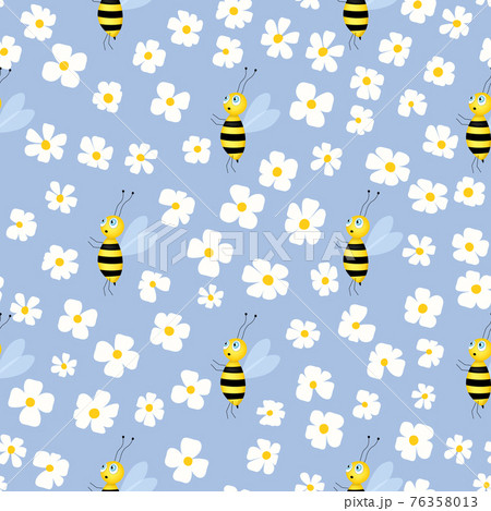 Seamless pattern with bees and flowers on color background. Small wasp. Vector illustration. Adorable cartoon character. Template design for invitation, cards, textile, fabric. Doodle style Seamless pattern with bees and flowers on color background. Small wasp. Vector illustration. Adorable cartoon character. Template design for invitation, cards, textile, fabric. Doodle style 76358013