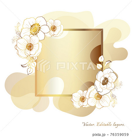 Gold frame. Watercolor wedding invitation card with watercolor, white flowers. Watercolor stains. Pastel colors and gold outline geometric frame. Abstract background. 76359059