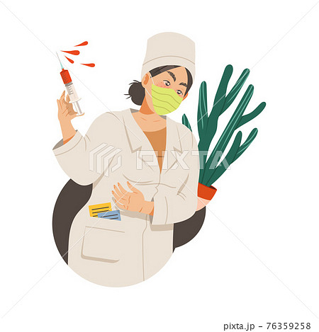 Nurse in Face Mask Holding Huge Syringe as Child s Fear Vector Illustration 76359258