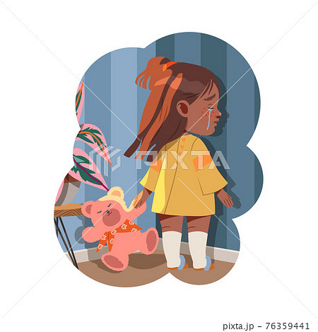 Little Girl Standing with Teddy Bear Crying Afraid of Something Vector Illustration 76359441