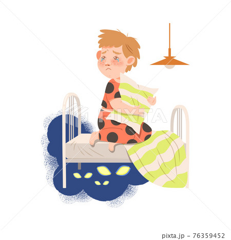 Little Boy Afraid of Monsters Sitting on Bed with Pillow and Crying Vector Illustration Little Boy Afraid of Monsters Sitting on Bed with Pillow and Crying Vector Illustration 76359452