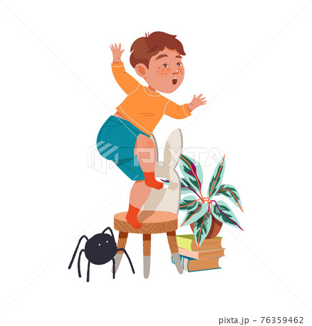 Little Boy Afraid of Spider Jumping on Chair Shouting Vector Illustration 76359462