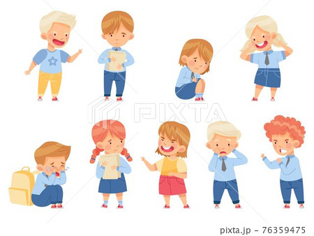 Angry Kids Bullying and Abusing the Weak Agemate Teasing and Laughing at Them Vector Set Angry Kids Bullying and Abusing the Weak Agemate Teasing and Laughing at Them Vector Set 76359475