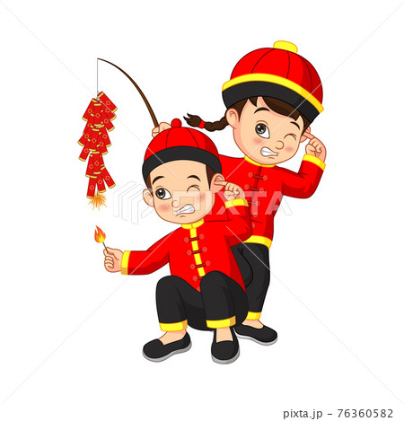 Cartoon Chinese kids with a firecracker Cartoon Chinese kids with a firecracker 76360582
