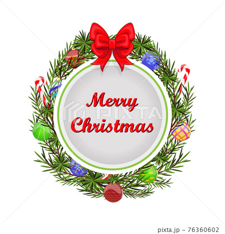 Round Christmas wreath with red bow, fir branches, balls and candy Round Christmas wreath with red bow, fir branches, balls and candy 76360602