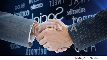 Composition of businessman and businesswoman shaking hands over financial and business text Composition of businessman and businesswoman shaking hands over financial and business text 76361808