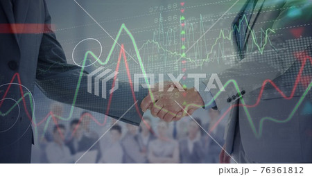 Composition of businessmen shaking hands with financial data processing Composition of businessmen shaking hands with financial data processing 76361812