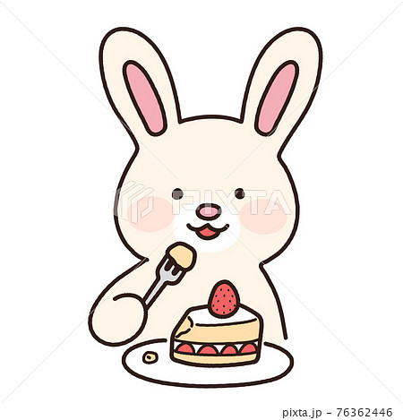 苺のショートケーキを食べる可愛くてシンプルな白ウサギのイラスト 主線ありのイラスト素材