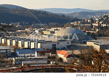 Czech republic, Brno Exhibitions Centre BVV - (BVV Fairs) on the cityscape taken from the hill. Europe. 76364619