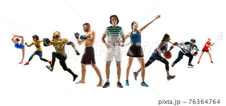 Collage of different professional sportsmen, fit people in action and motion isolated on white background. Flyer. 76364764
