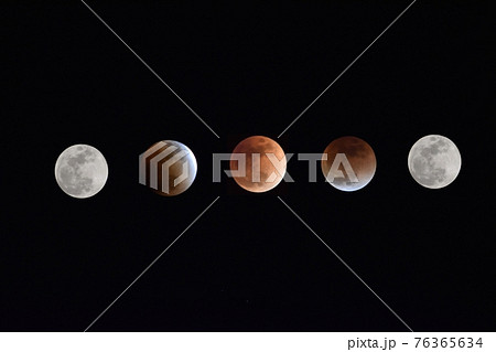 スーパームーン皆既月食の連続写真 始まりから終わりまで の写真素材 76365634 Pixta