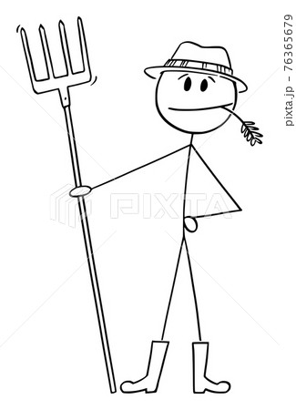 Farmer Standing With Fork Chewing Grass Vector のイラスト素材