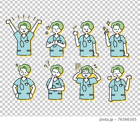 Emotional expression illustration of a male nurse wearing a scrub (upper body) Emotional expression illustration of a male nurse wearing a scrub (upper body) 76366305