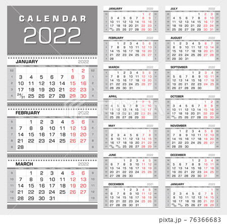 Calendar 2022. Wall quarterly calendar with week numbers. Week start from Monday. Ready for print, color - Black, Red, Silver. Vector Illustration Calendar 2022. Wall quarterly calendar with week numbers. Week start from Monday. Ready for print, color - Black, Red, Silver. Vector Illustration 76366683