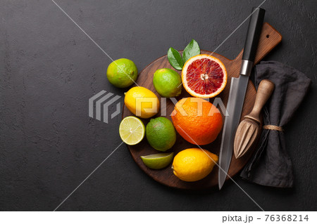 Various fresh citrus fruits. Bood orange, lime, lemon Various fresh citrus fruits. Bood orange, lime, lemon 76368214