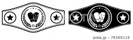 icon, sport belt of boxing champion, kickboxing tournament winner with gloves and laurel wreath emblem in center. Vector icon, sport belt of boxing champion, kickboxing tournament winner with gloves and laurel wreath emblem in center. Vector 76369119