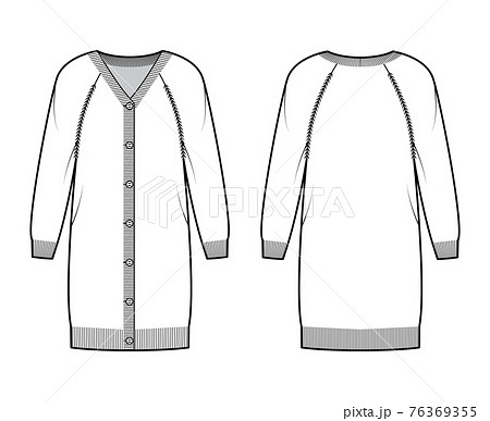 Dress Cardigan Sweater technical fashion illustration with rib V- neck, long raglan sleeves, button closure, relax fit 76369355