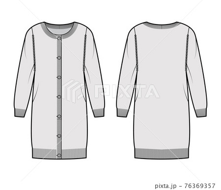 Round neck dress cardigan technical fashion illustration with long sleeves, oversized body, hip length, knit rib cuff 76369357