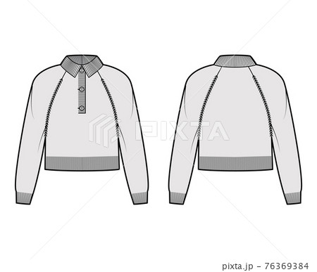Cropped Polo Sweater technical fashion illustration with rib henley neck, classic collar, long raglan sleeve, hip length 76369384