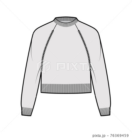 Cropped Fisherman Sweater technical fashion illustration with crewneck, long raglan sleeves, fitted body, waist length 76369459