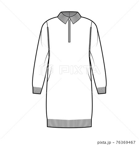 Zip-up dress Sweater technical fashion illustration with henley neck, classic collar, long sleeve, oversized, hip length Zip-up dress Sweater technical fashion illustration with henley neck, classic collar, long sleeve, oversized, hip length 76369467