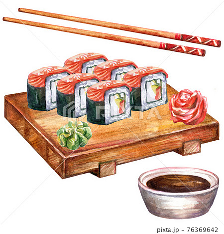 Japanese food rolls with salmon on board and chopsticks watercolor 76369642