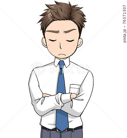 腕組みをして考えごとをしているワイシャツにネクタイをした男性のイラスト素材