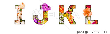 Floral letters. The letters I, J, K, L are made from colorful flower photos. A collection of wonderful flora letters for unique spring decorations and various creation ideas 76372014