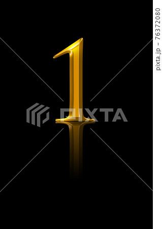 One, gold number, over black. Symbol of the number one, representing a single entity, first place or winner, the best, richest, greatest or other reached aims. Metallic numeral. Illustration. 76372080