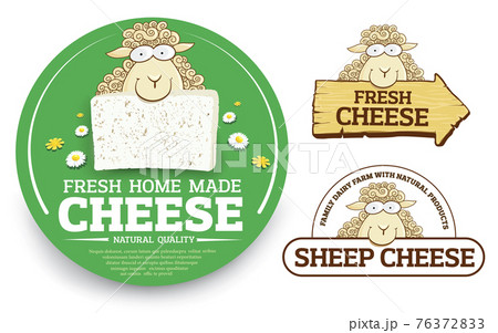 Cartoon happy sheep with cheese label. Vector cheese labels and packaging design elements. Dairy farming illustrations 76372833