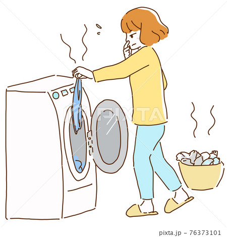 鼻を摘まみながら臭い洗濯物をドラム式洗濯機に入れる若い主婦の女性の線画イラストのイラスト素材