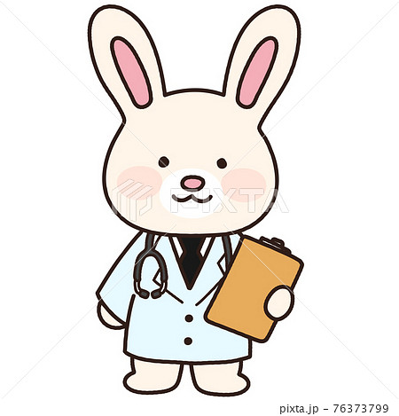 白衣を着てクリップボードを持つ可愛くてシンプルな白ウサギのイラスト 主線ありのイラスト素材