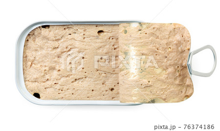 Canned pate in an open jar on a white background, isolated. The view from top Canned pate in an open jar on a white background, isolated. The view from top 76374186