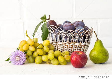 Just picked plums and grapes in wicker basket on white backdrop. 76374242