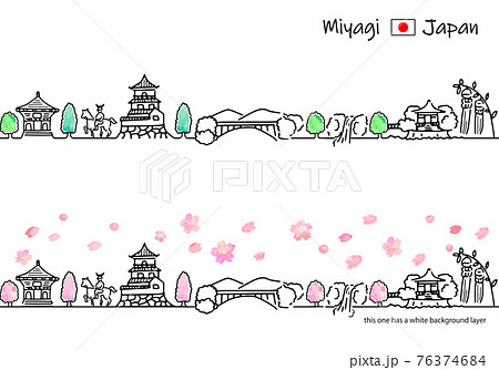 春の宮城の街並みのシンプル線画セット 76374684