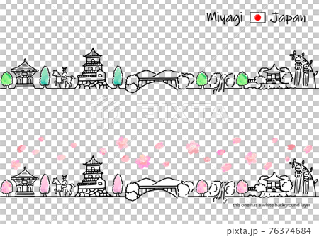 春の宮城の街並みのシンプル線画セット 76374684