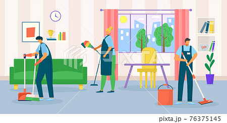 Home cleaning service, worker group make renovation in room, vector illustration. Man woman people character wash house wall, floor concept. 76375145